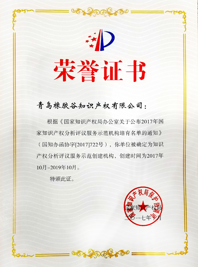 國家知識產權局保護協調司榮譽證書